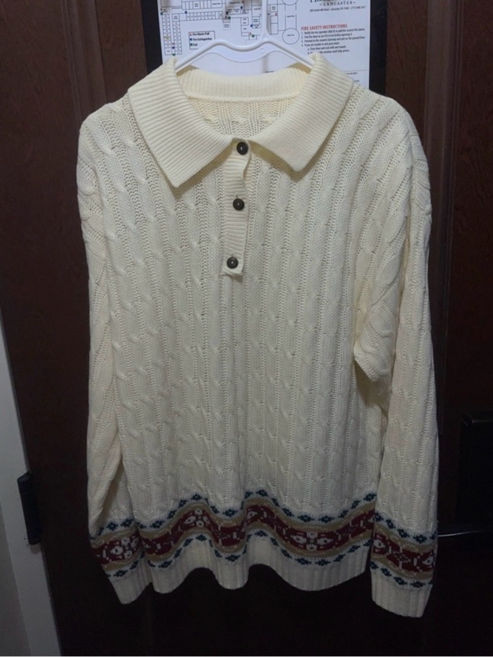 Cream Cable-Knit Polo Sweater with Fair Isle Trim